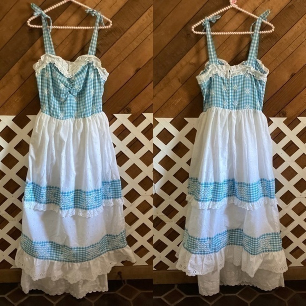 Vintage blue gingham embroidered and lace maxi dress